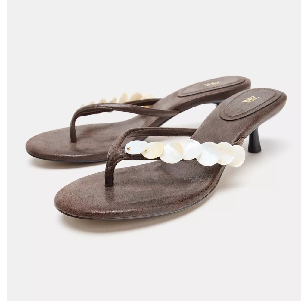 Zara NWT brown seashell sandals embellished shell
